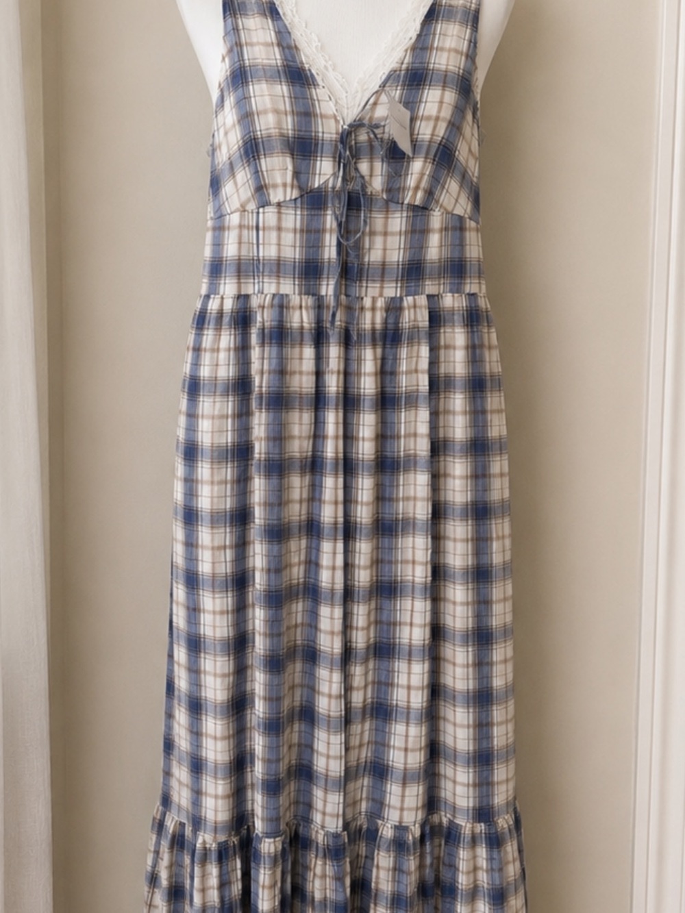 American Eagle Outfitters Blue and Cream Plaid Maxi Dress